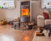 HDR brennender Kamin im Wohnzimmer mit schlafendem Hund davor